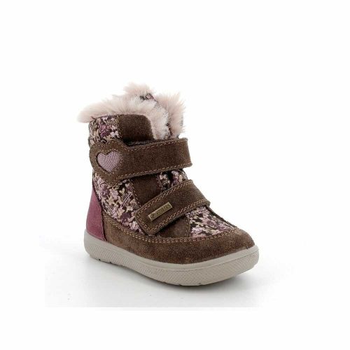 27-es Primigi Gore-tex vízálló lány téli cipő, virágmintás-szívecskés, barna/lila