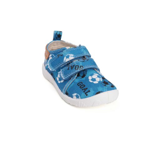 30-as D.D.Step Kisfiú Barefoot Szobacipő / Vászoncipő, focilabdás, kék 