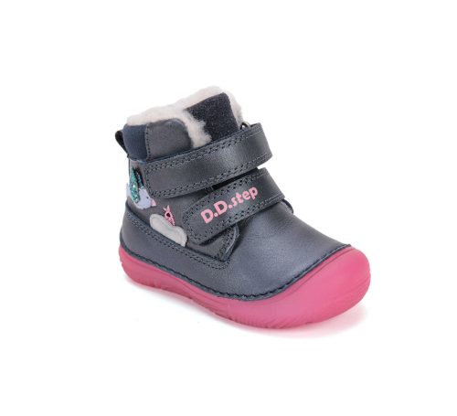20-as D.D.Step Kislány Bélelt bokacipő, madárkás mintával-fluoreszkáló talppal, sötétkék 